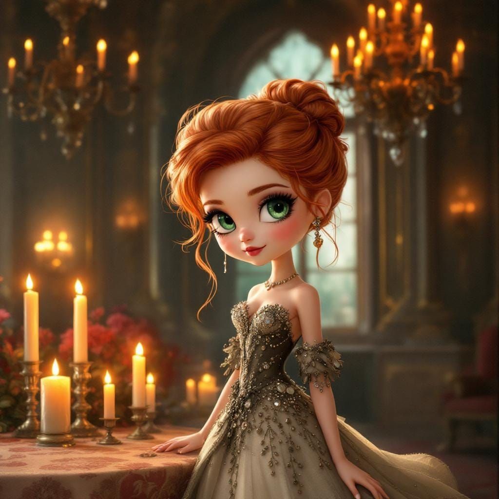 Chibi Woman in Beaded Gown, Oil Realism Style