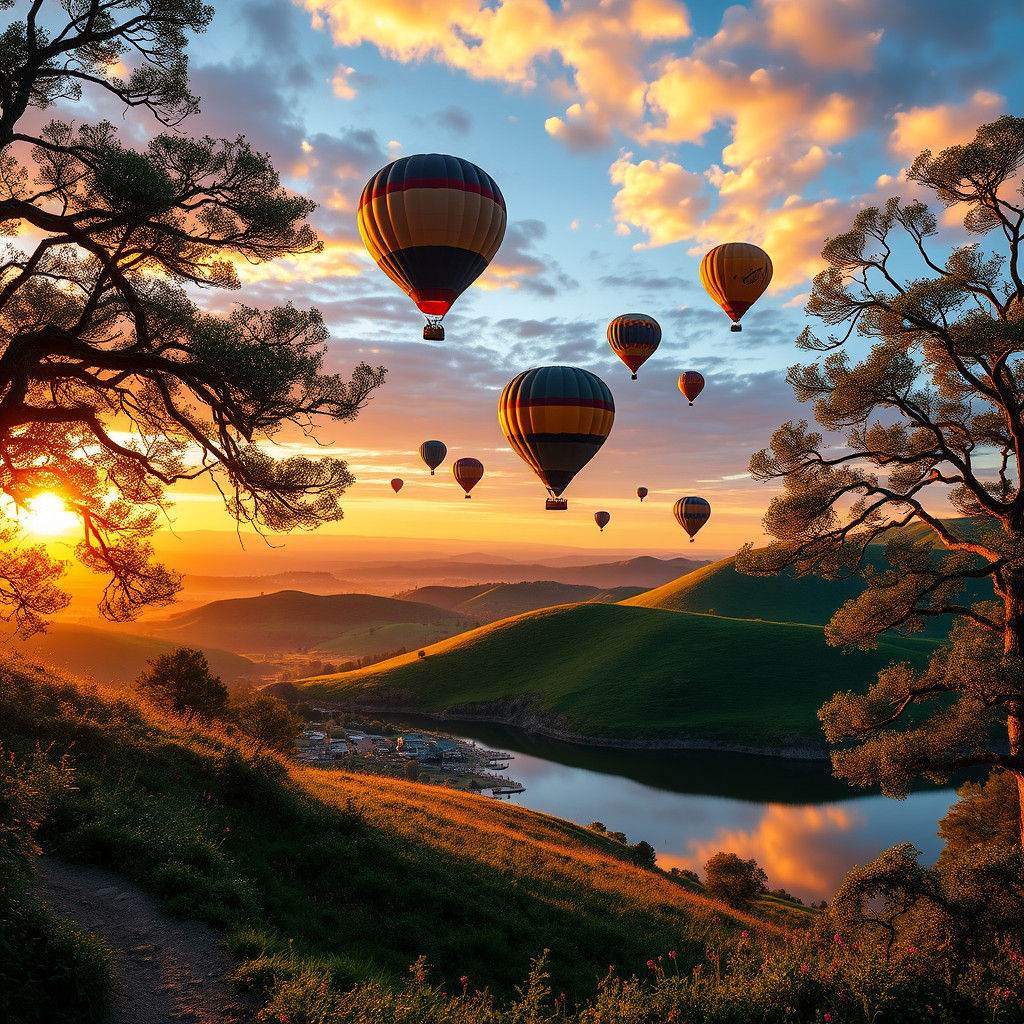 Sunset Hot Air Balloons in Fantasy Landscape