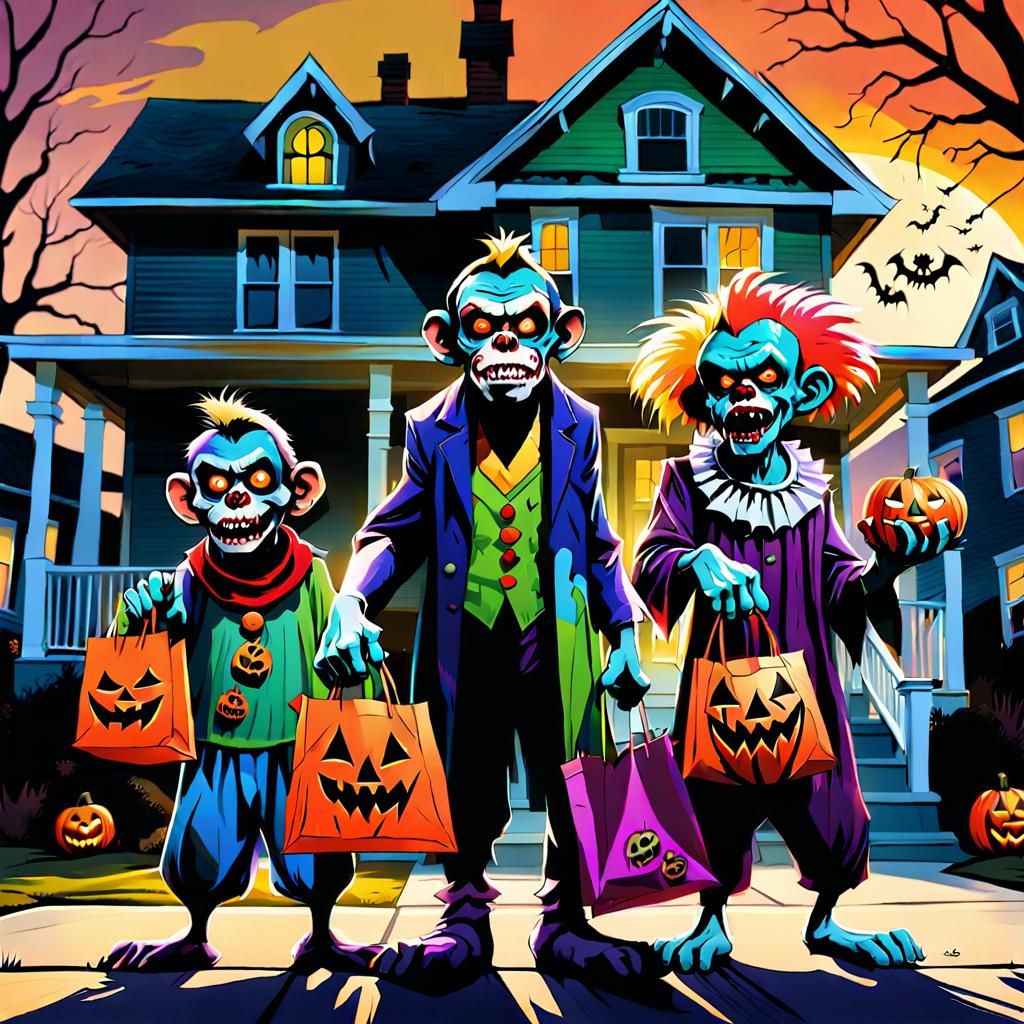 Zombie Monkey Clowns Trick-or-Treating in Comic Book Style