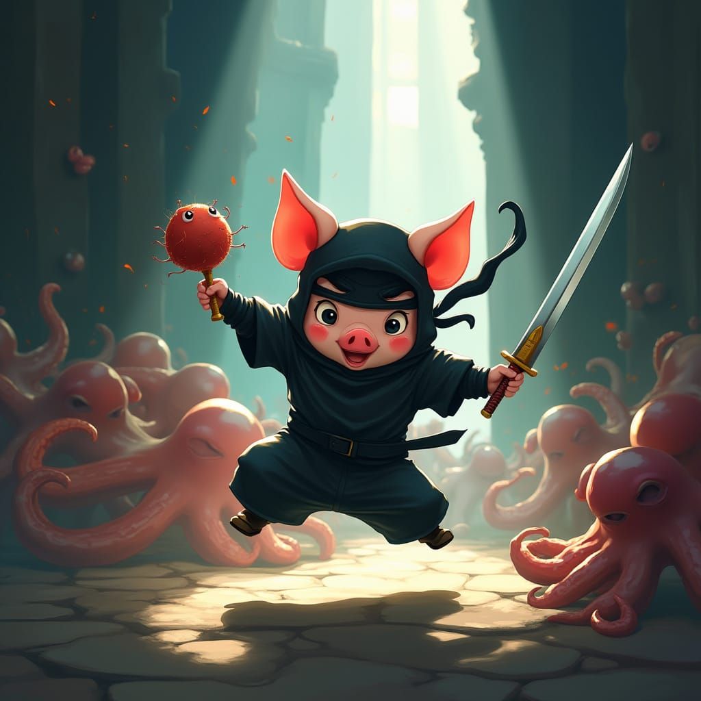 Ninja Piglet vs Octopus in Castle, Digital Art