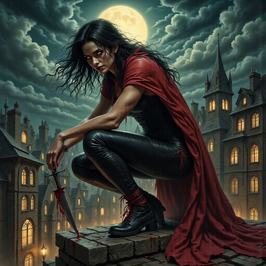 Vampiress Rooftop Sneak in Moonlit Medieval Town