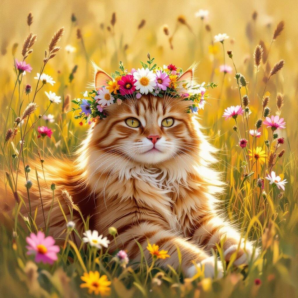 Ginger Cat with Flower Crown in Impressionist Style