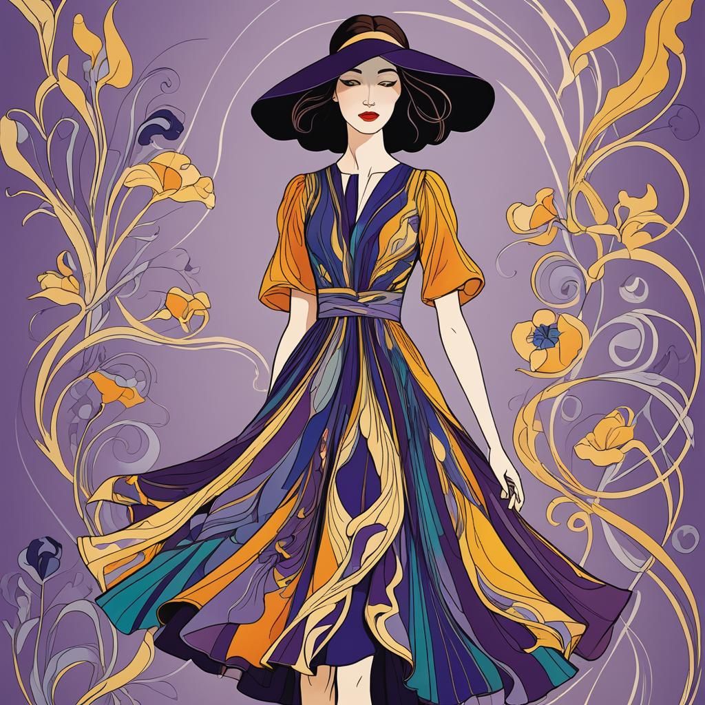 Woman in Upside-Down Iris Dress, Art Nouveau Style