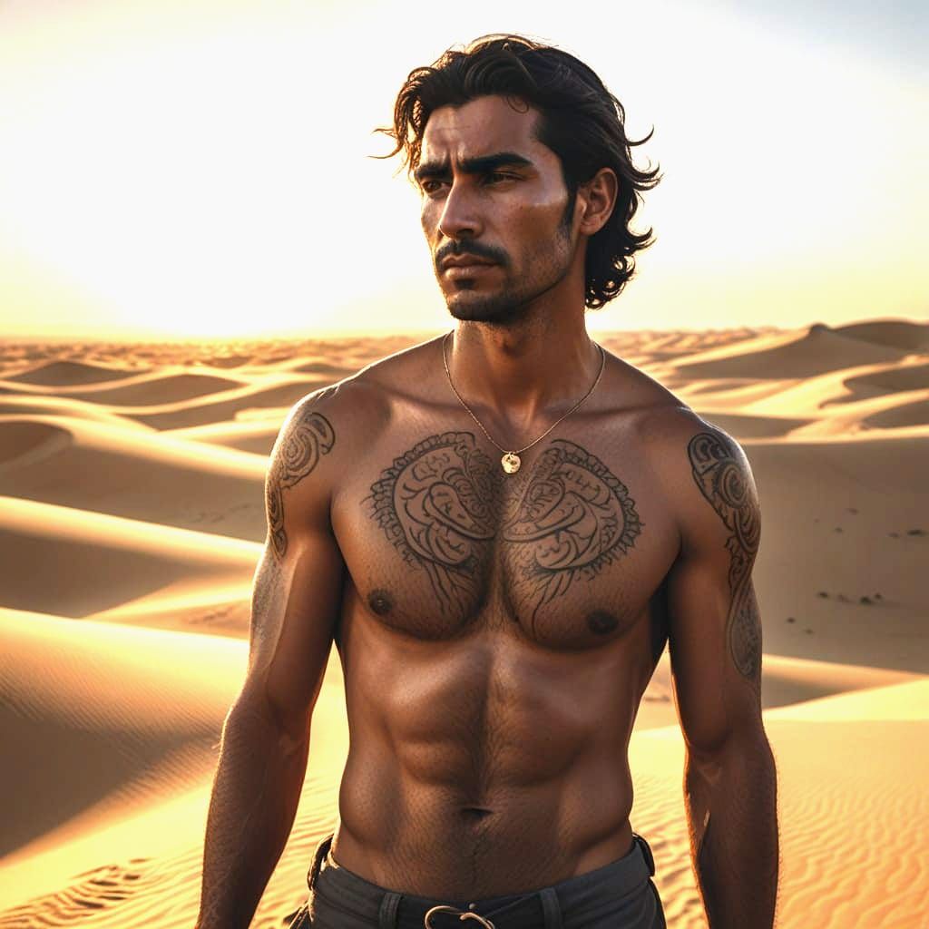 Arabian Man on Dune at Sunset in Golden Light
