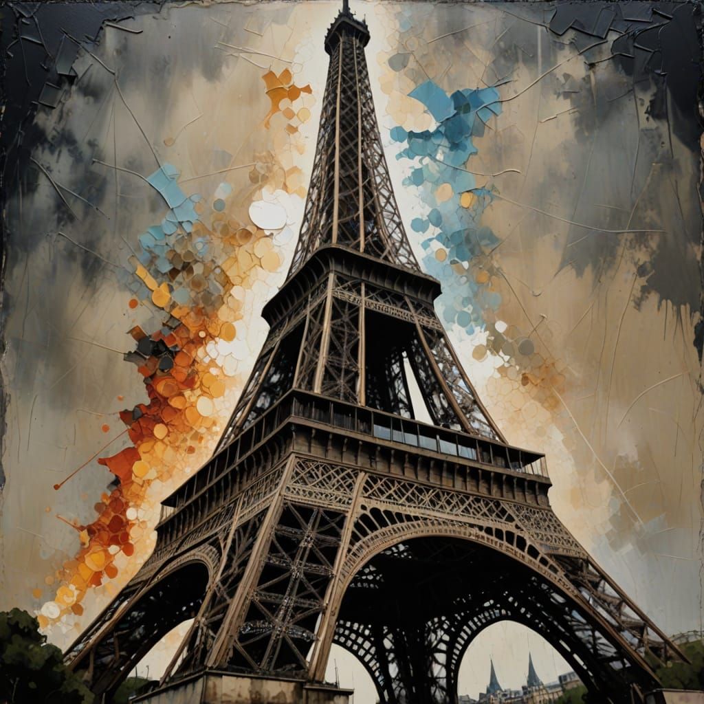 Eiffel Tower Impasto Art in Primitivism Style