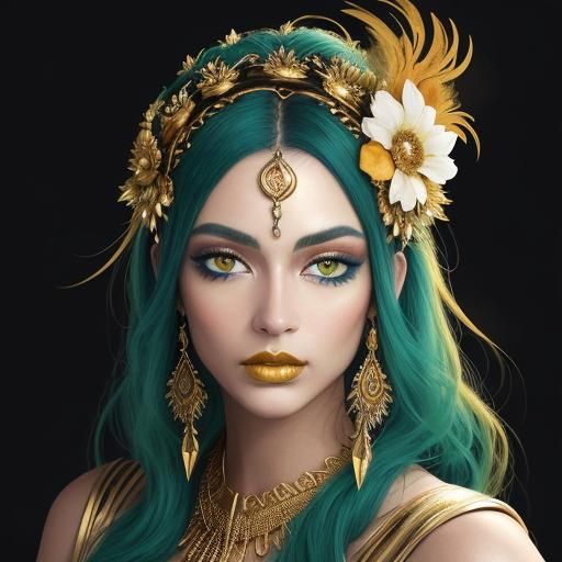 Abstract Gold Woman with Peacock Feathers