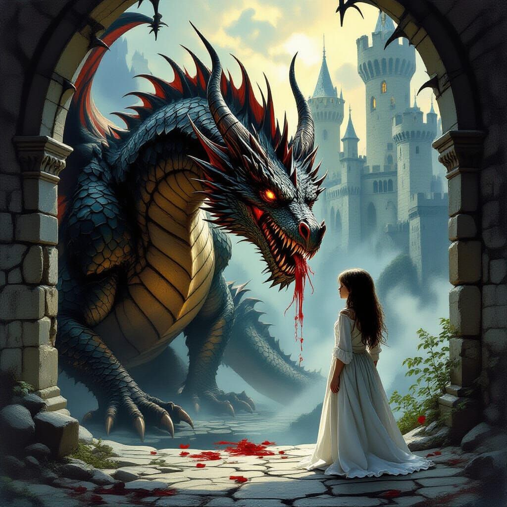 Fantasy Dragon Attacks Girl in Medieval Castle