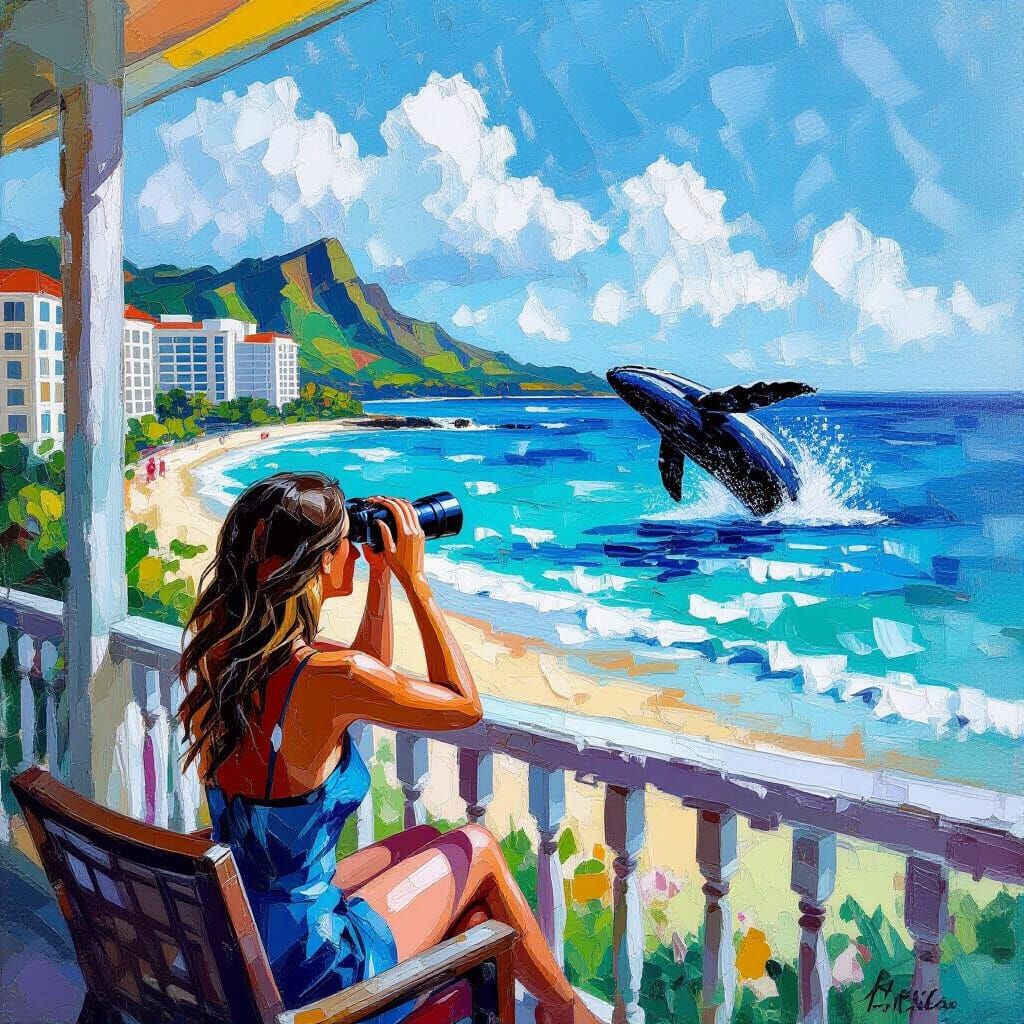 Woman Watching Whales in Hawaii, Impasto Oil Painting