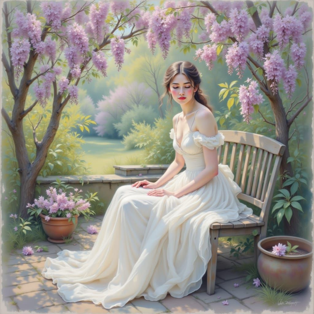 A serene portrait of a woman dressed in a flowing white gown, sitting on an antique wooden bench beneath a canopy of blo...
