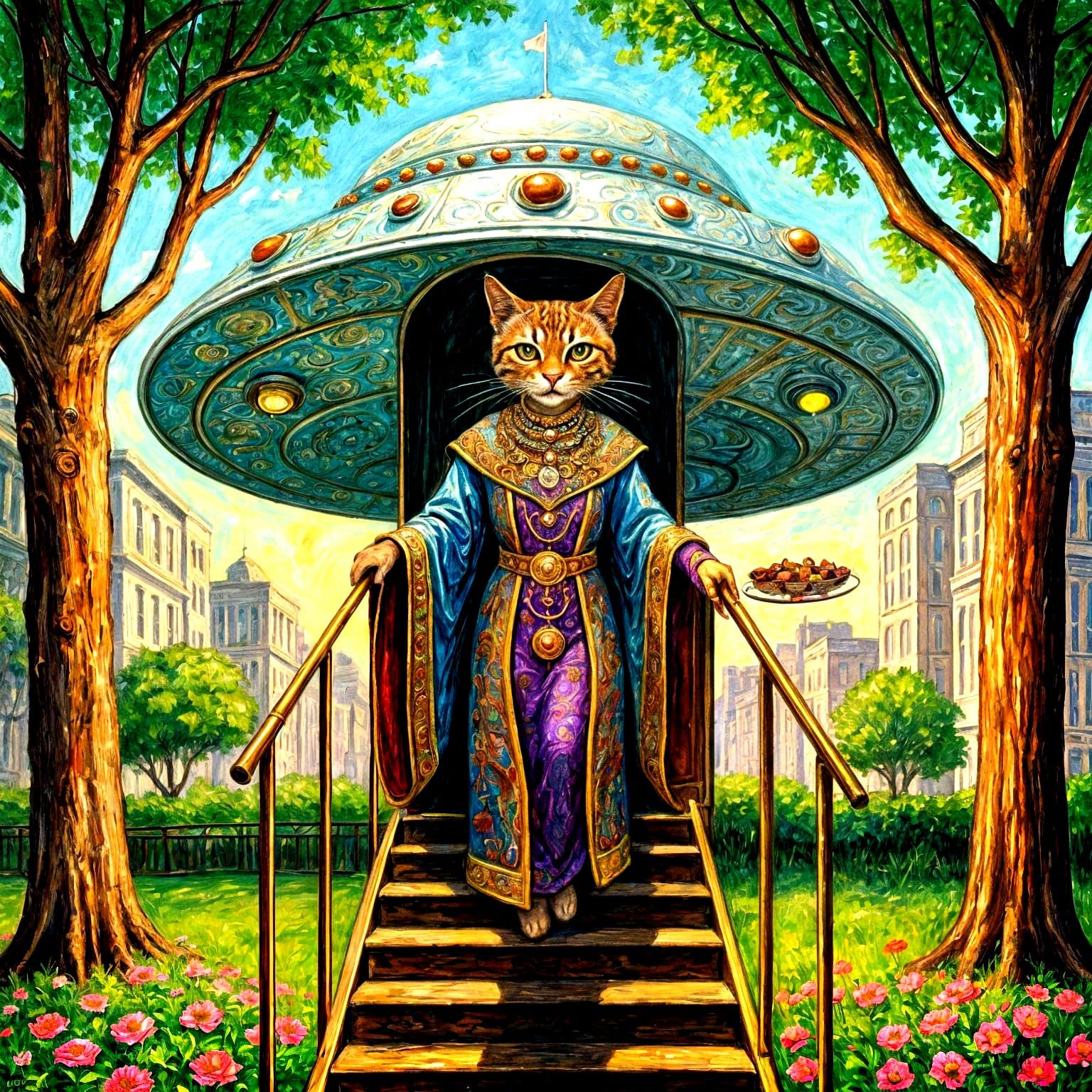 Feline Alien Offers Chocolate in Neo-Impressionist City Park