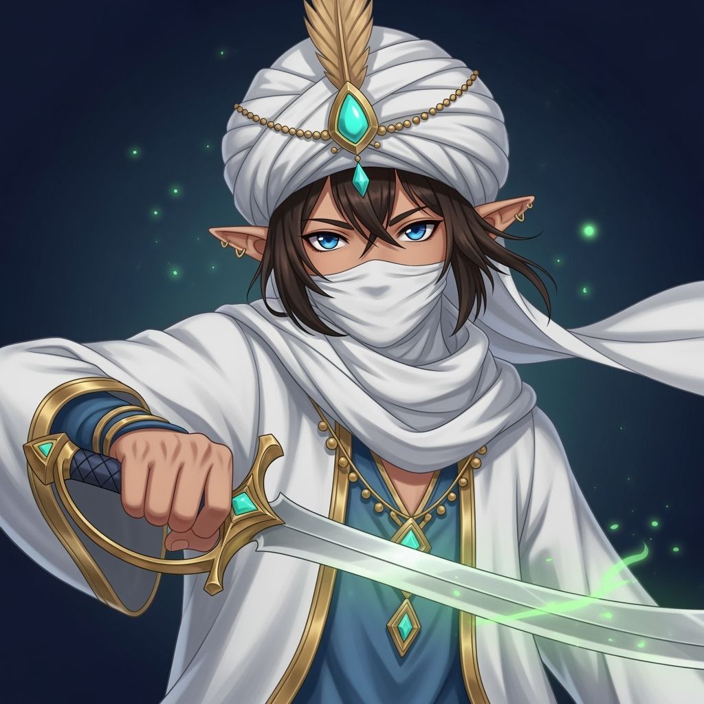 Elf Mystic Knight with Glowing Scimitar in Anime Style