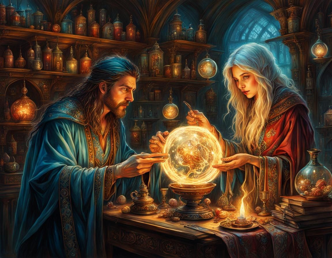 Sorcerer and Apprentice with Magic Artefacts