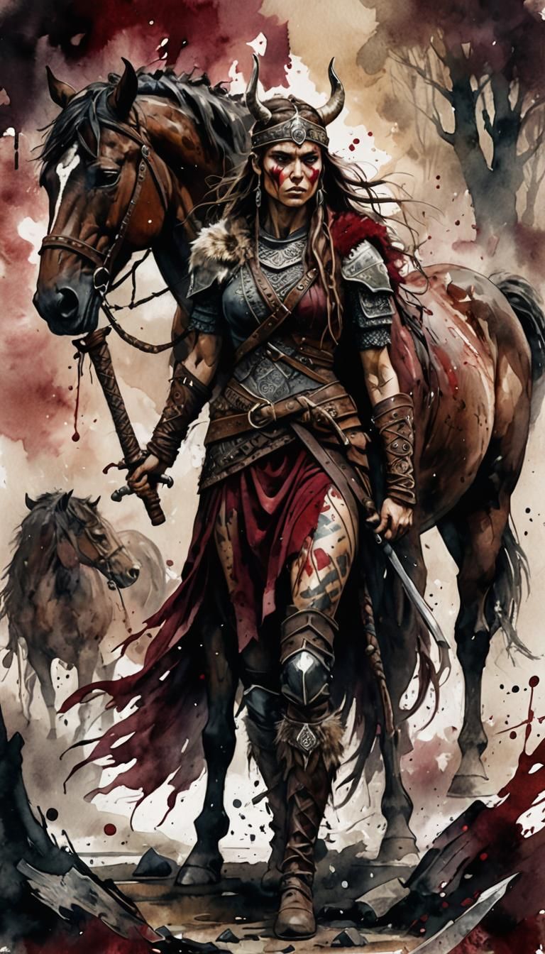 Viking Warrior Woman with Horse in Watercolor
