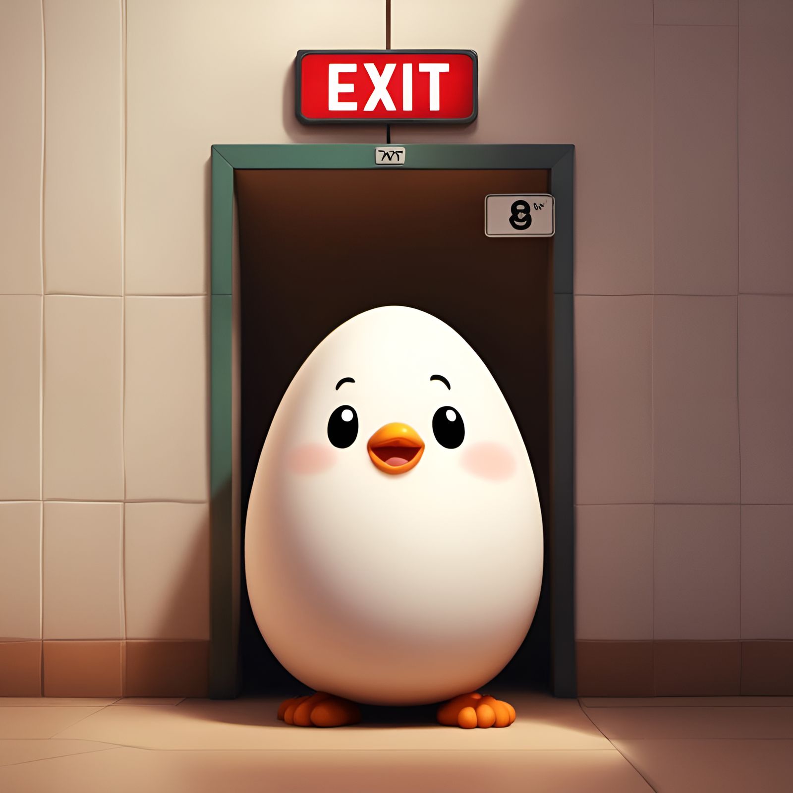Adorable Chibi Egg Under Exit Sign: Pixar Style