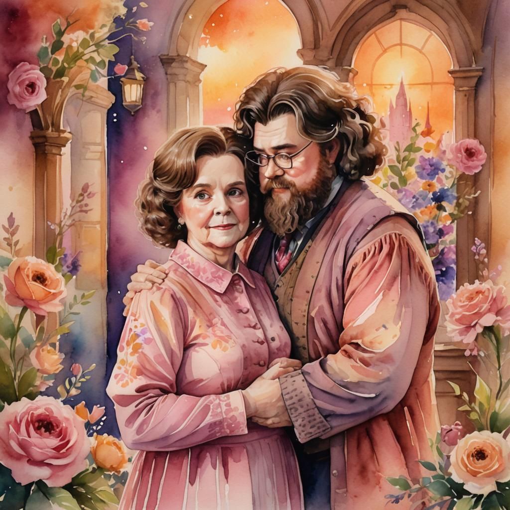 Whimsical Watercolor Portrait of Umbridge and Hagrid