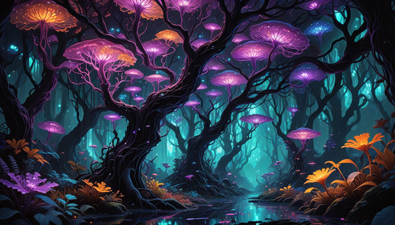 Vibrant Bioluminescent Forest Unfolds in Eerie, Otherworldly...