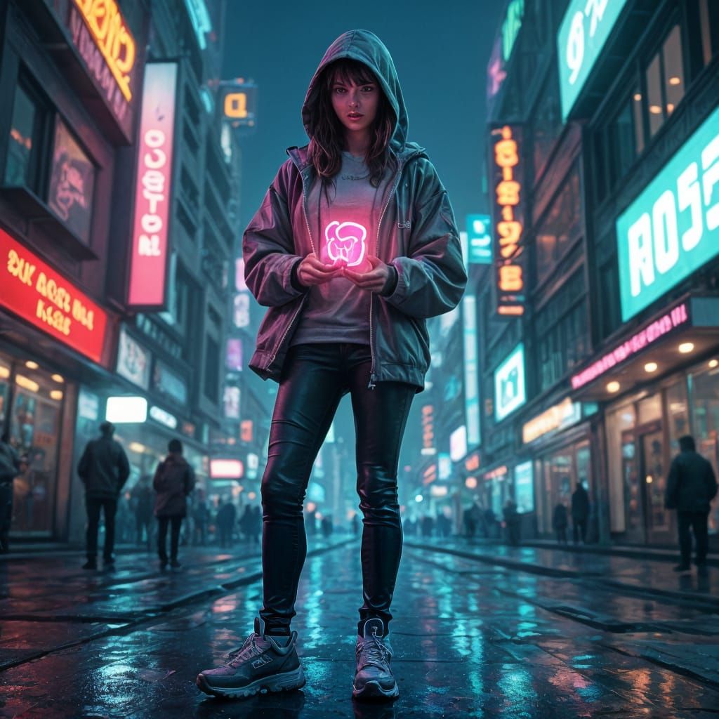 Girl with AI Core in Cyberpunk Cityscape