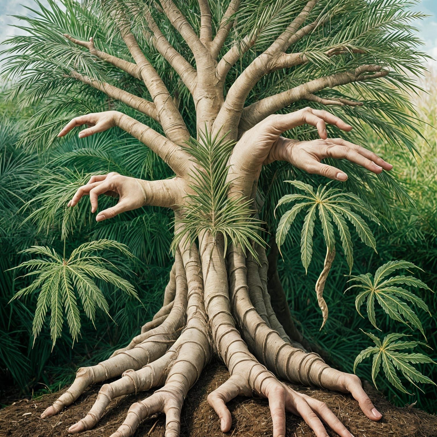 Surreal Hand Tree with Bone Roots and Green Leaves