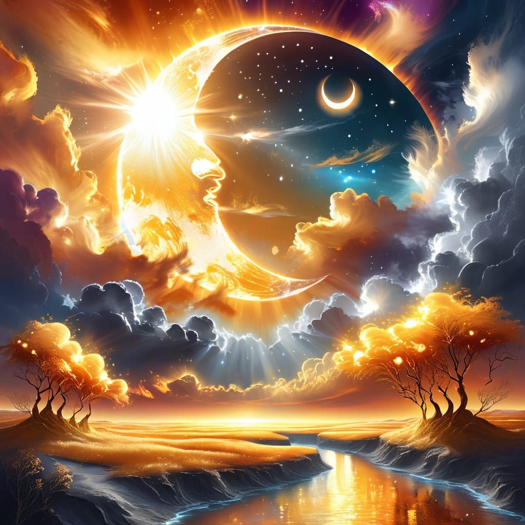 Golden Sun Meets Silver Moon in Ethereal Sky Dance