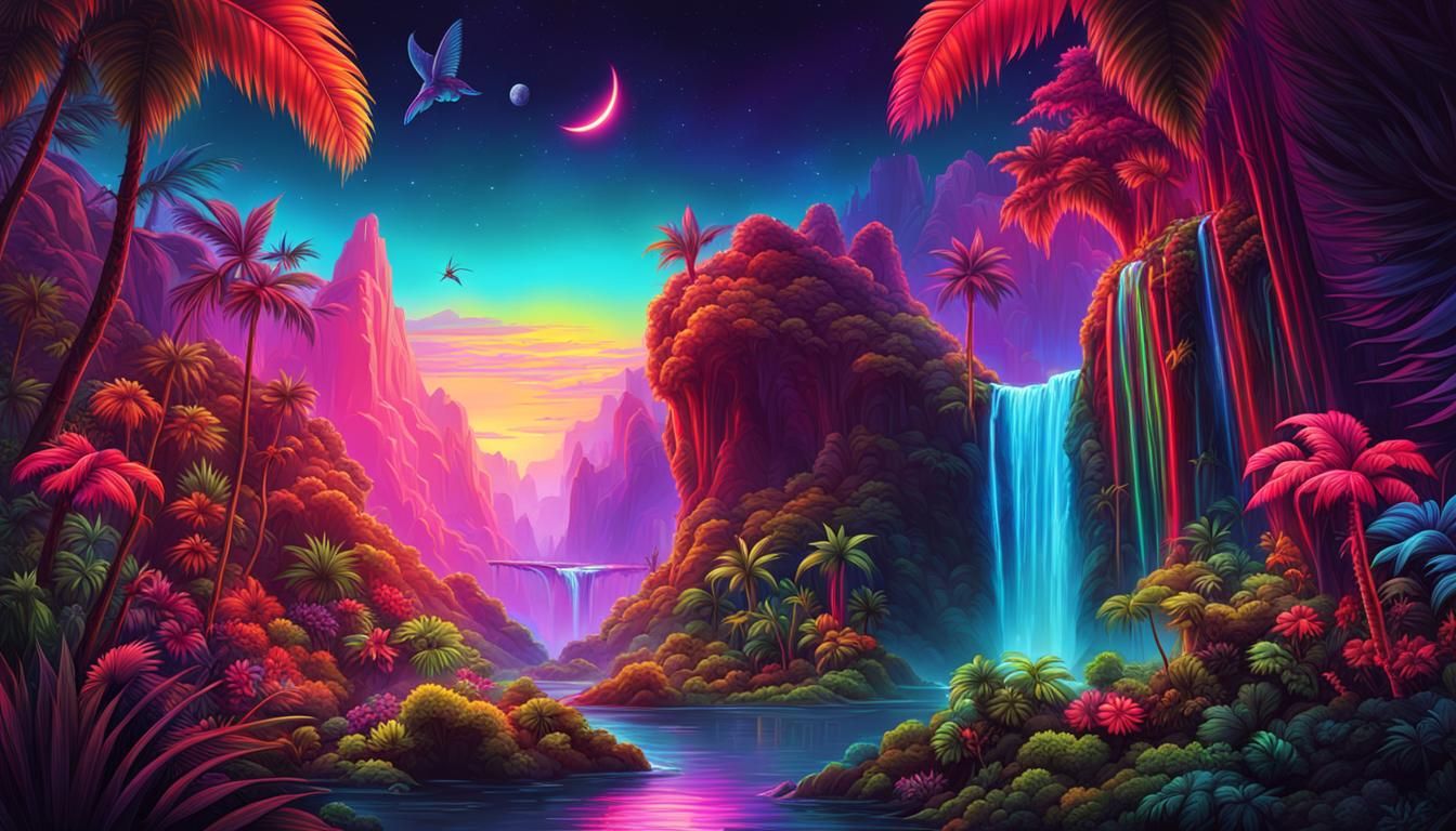 Rainbow Rainforest in Space with Neon Waterfalls