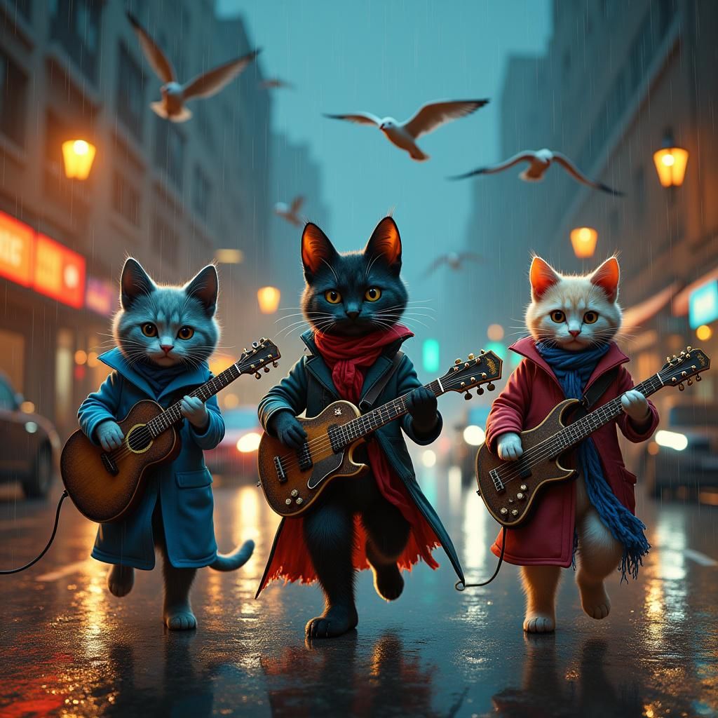Cats Jamming on Guitars: Fantasy Concept Art