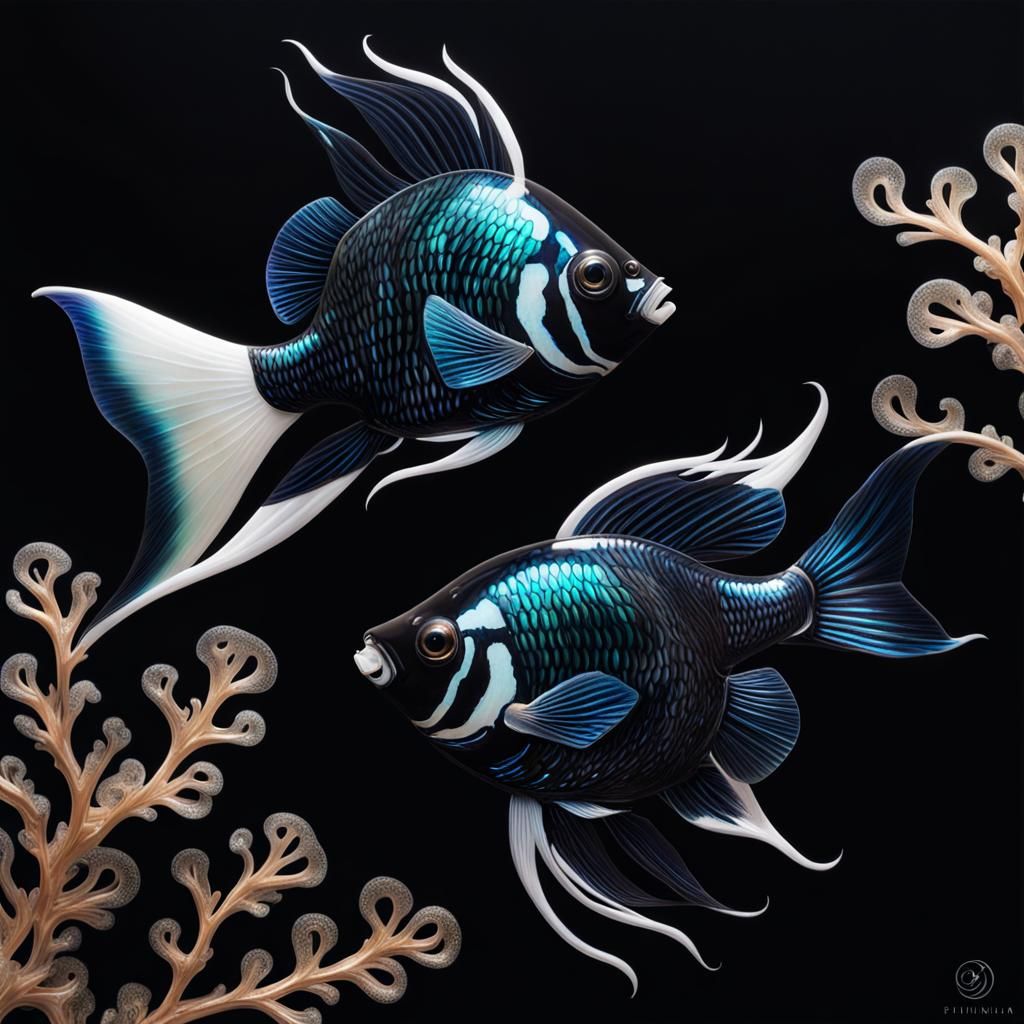 Ornate Vivid Fish in Shimmering Black and White