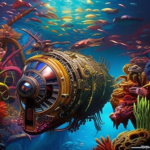 Steampunk Underwater Alien World in Psychedelic Horror Style