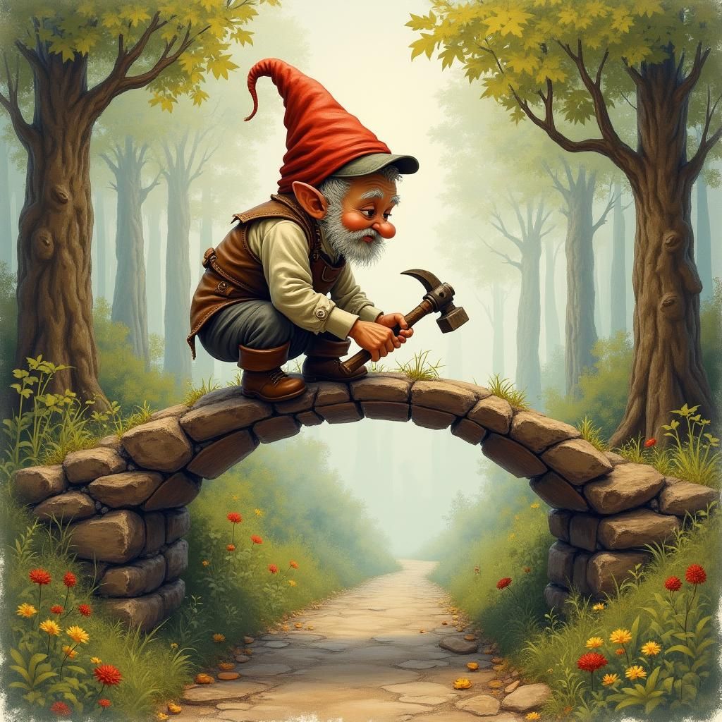 Gnome Carpenter Builds Forest Bridge in Folk Art Style