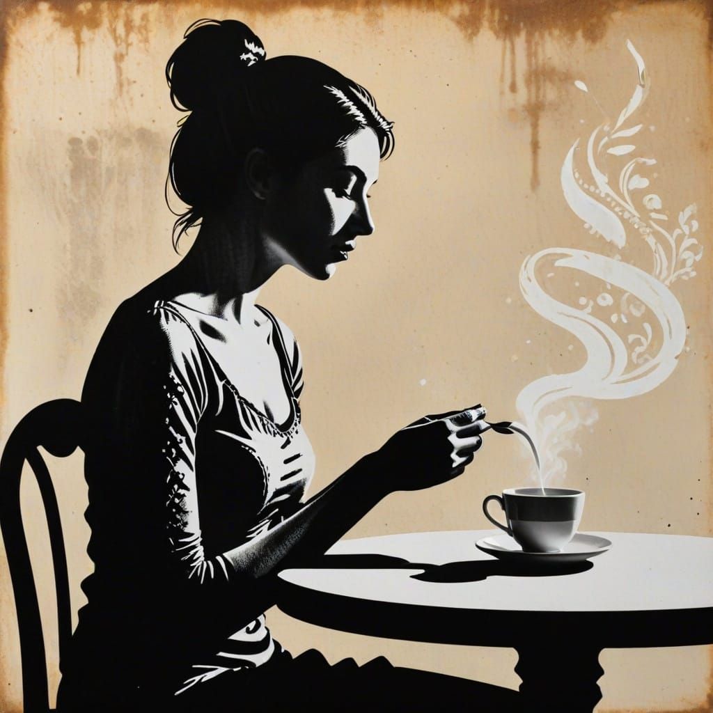 Woman Smelling Tea: Stencil Art