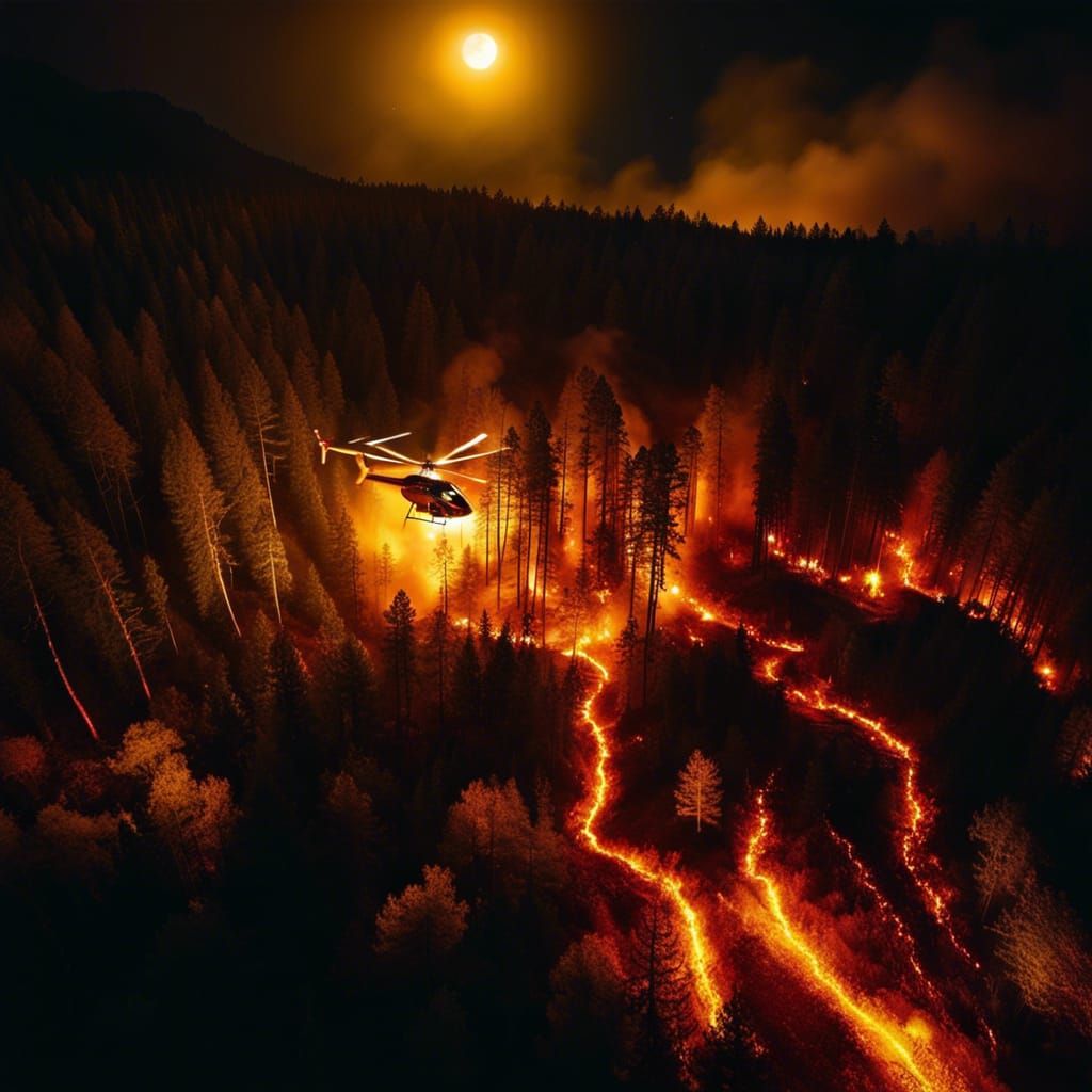 Helicopter Fighting Forest Fire at Night: Drone Photography