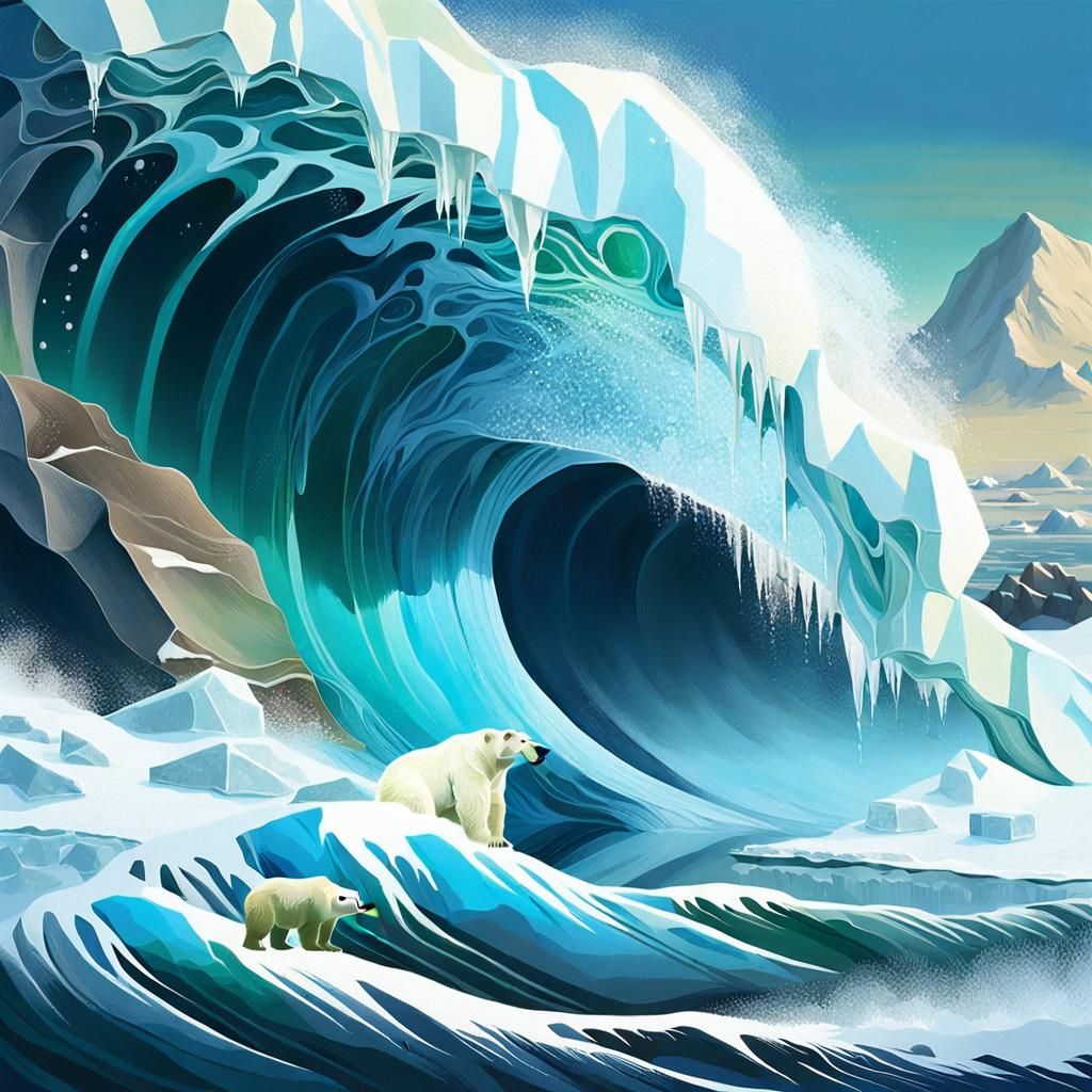 Polar Bear on Iceberg with Blue Ice Flow