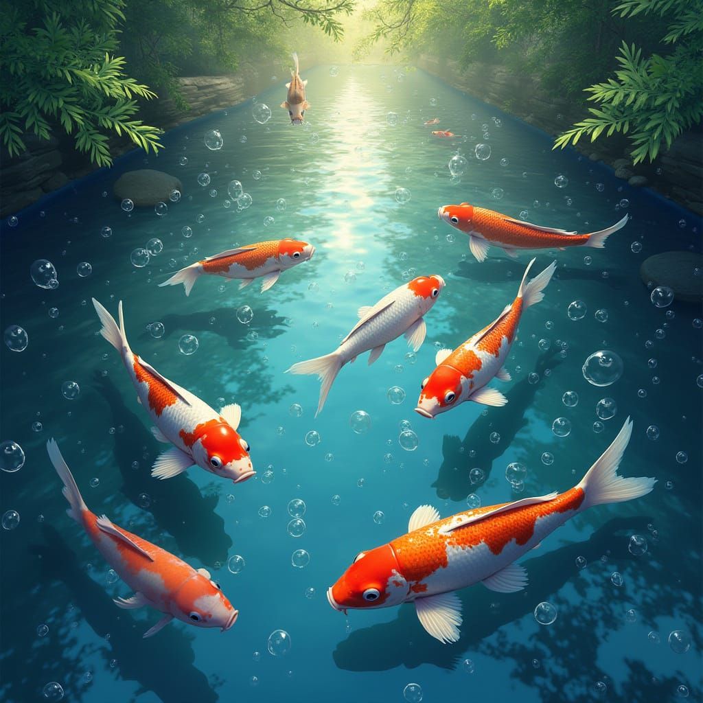 Serene Koi Pond with Bubbles: Digital Art