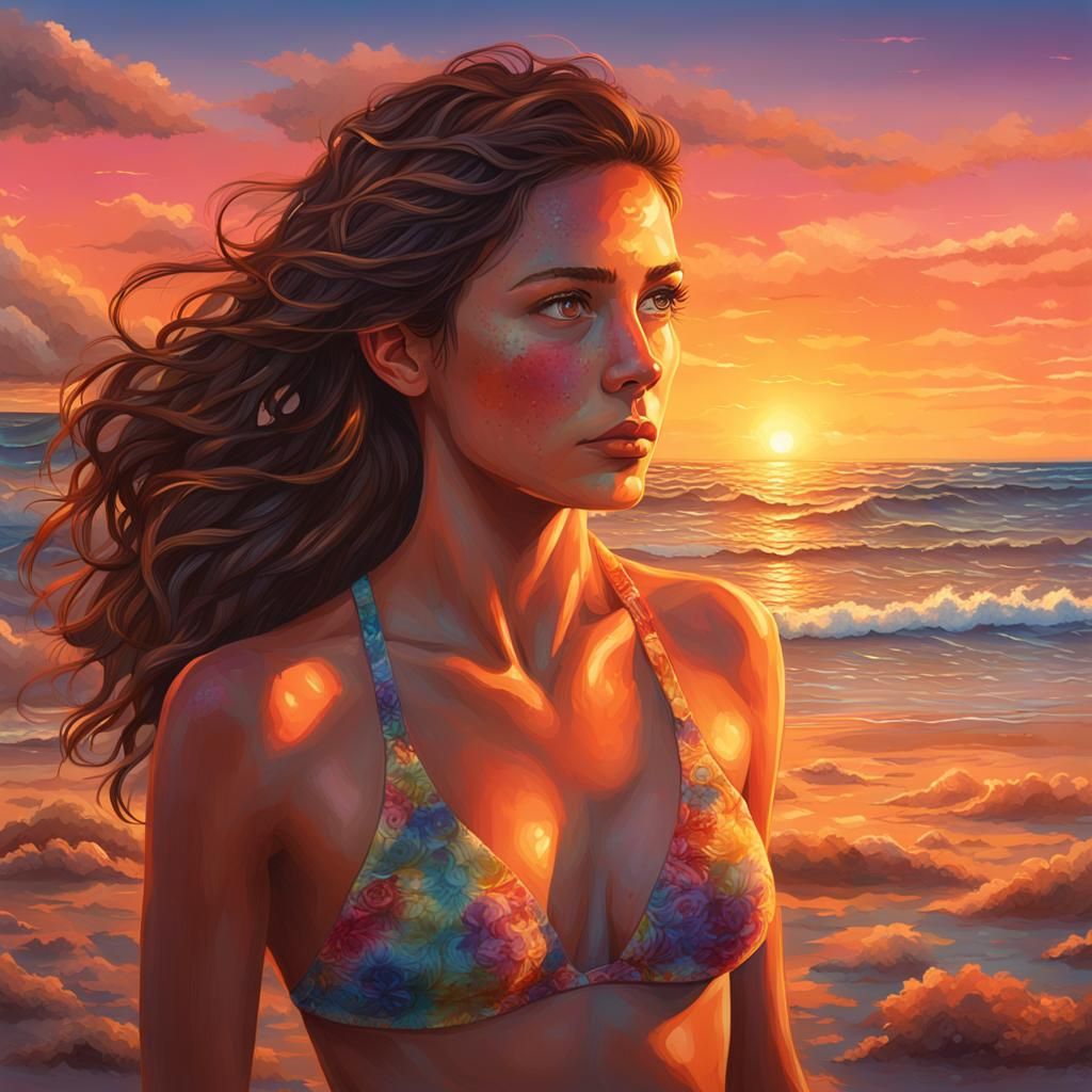 Woman on Beach at Sunset in Splash Art Style