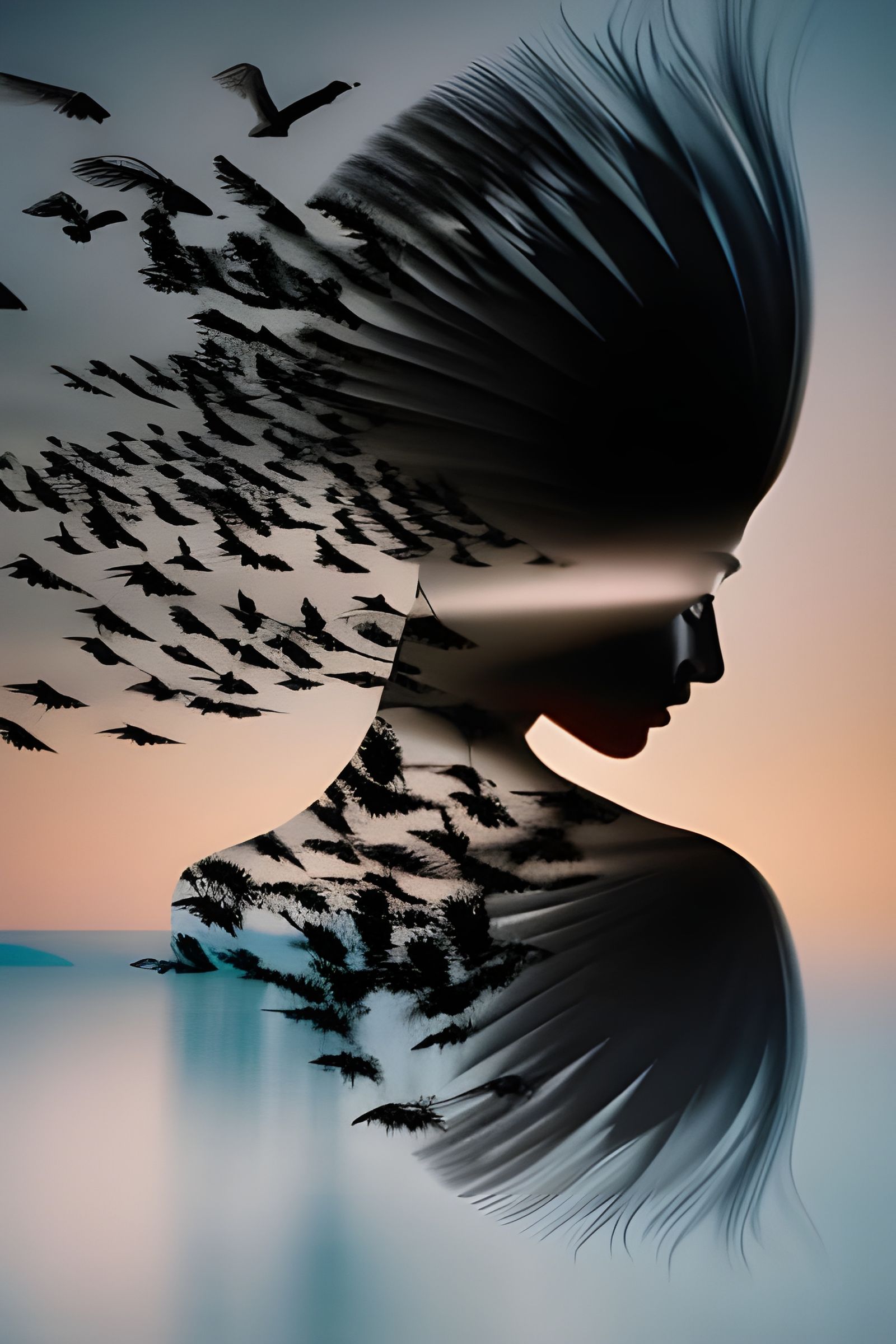 Woman and Birds in Dreamlike Airbrush Photo