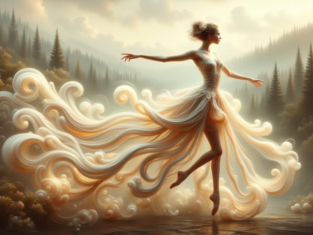 Ethereal Ballerina Defies Gravity in Dreamlike Landscape