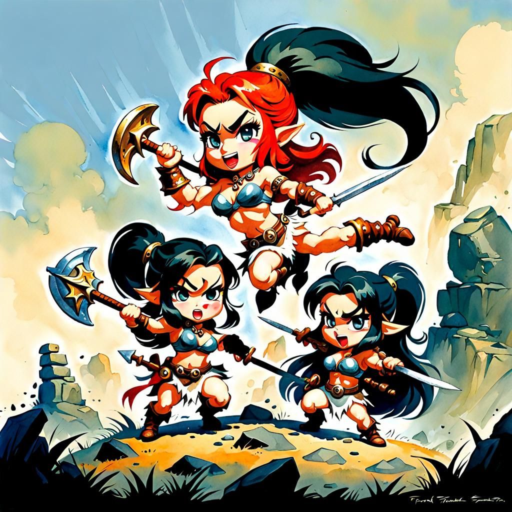 Cartoon Barbarian Girls in Watercolour Style