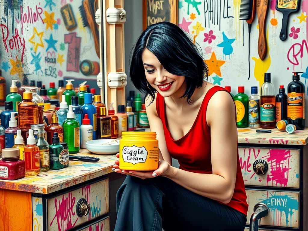 Happy Lady Surrounded by Vibrant Treatments in Whimsical Gra...