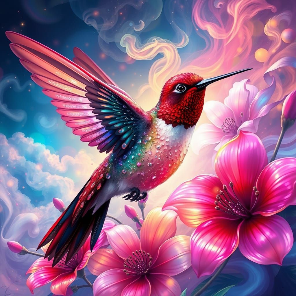 Iridescent Hummingbird in a Rainbow-Hued Floral Wonderland