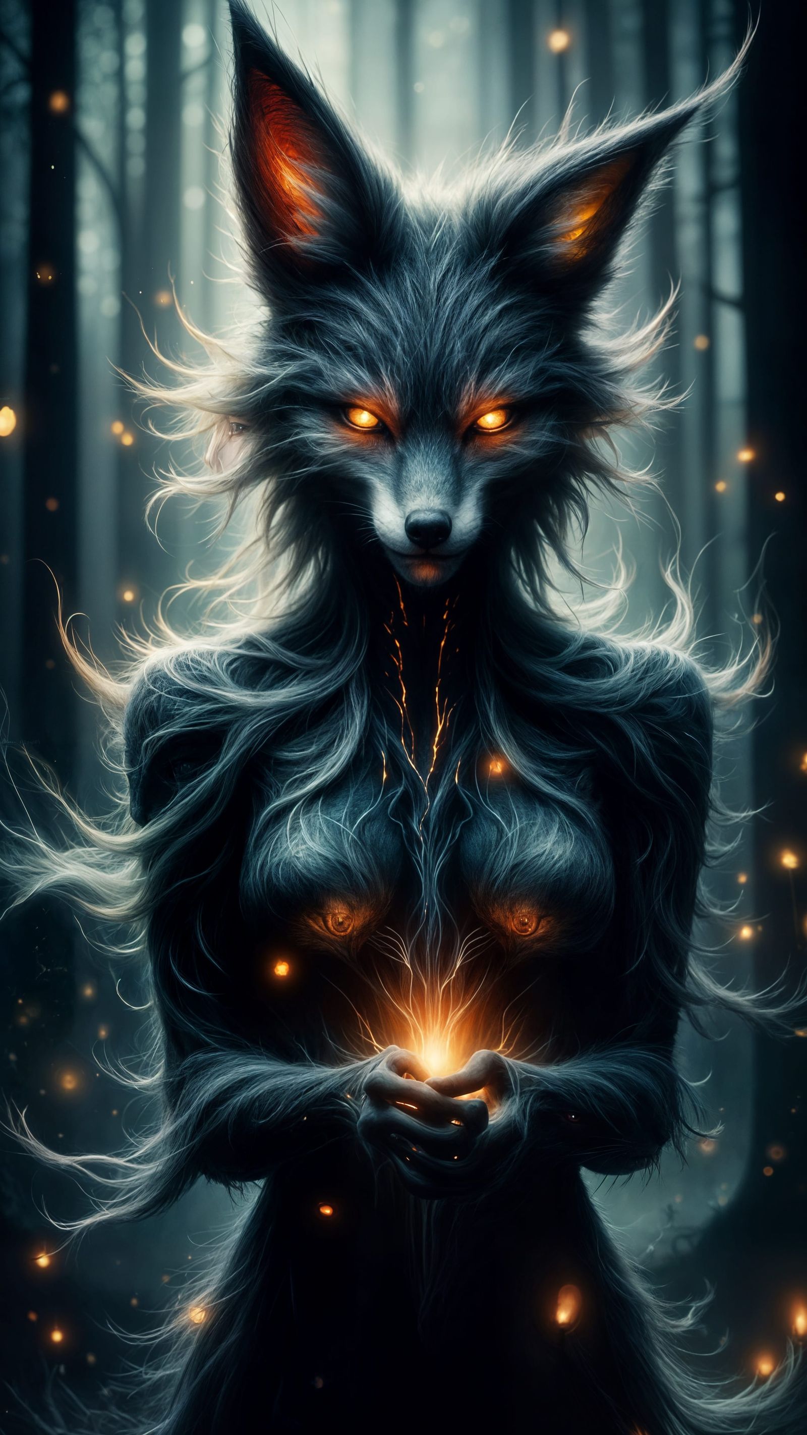 Masked Fox Puppy in Dark Forest Fantasy Art