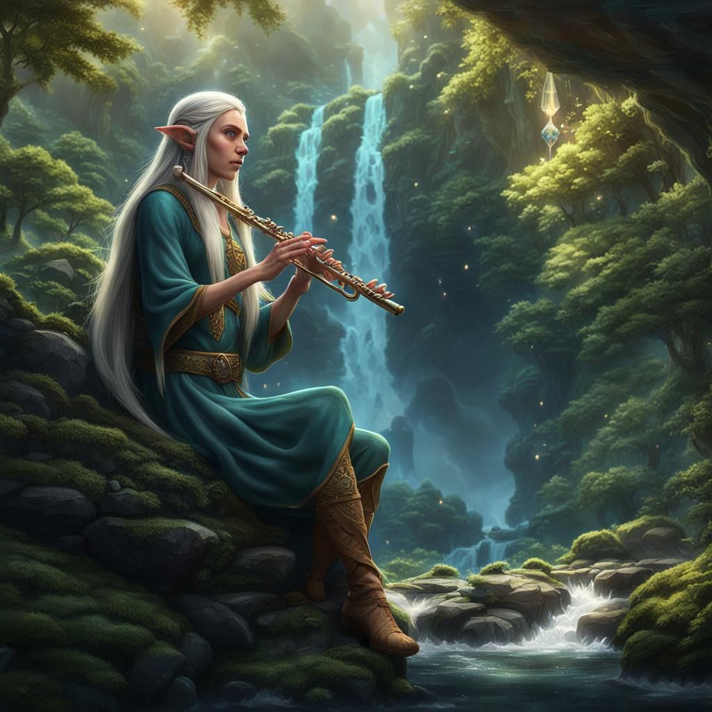 Female Elf Playing Flute in Forest Hideaway