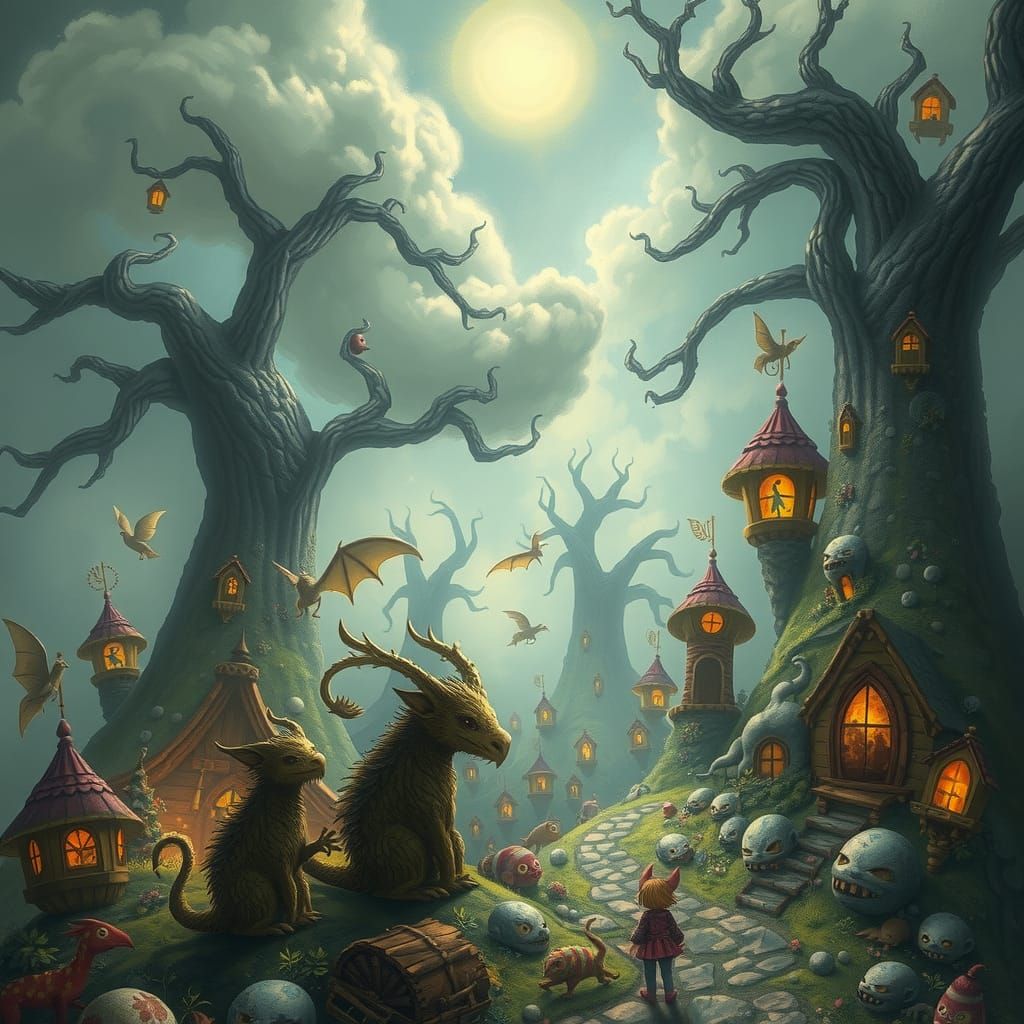 Whimsical Landscape with Mythical Creatures: Digital Art