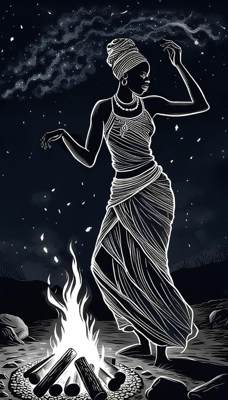 African Woman Dancing: Pencil Sketch by Campfire