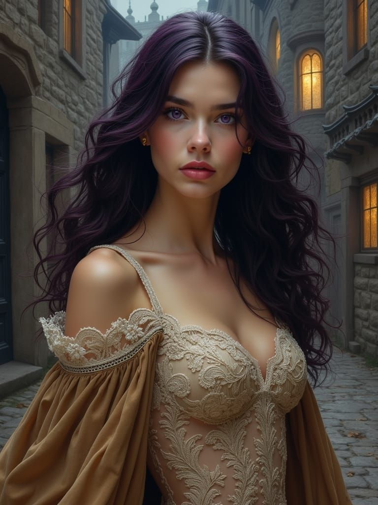 Elegant Medieval Noblewoman in Dark Velvet Cape