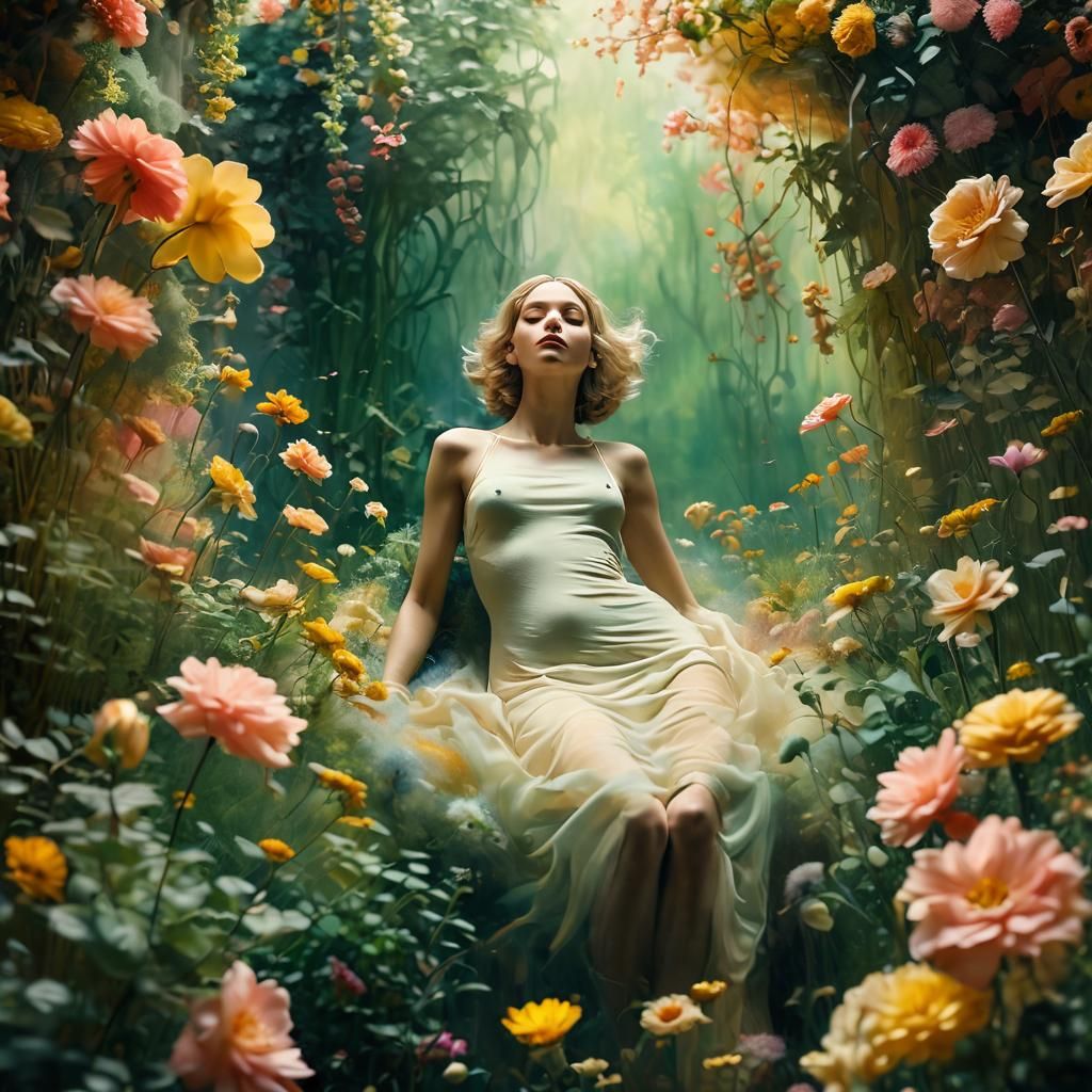 Ethereal Figure Surrounded by Flowers: A Surrealist Vision