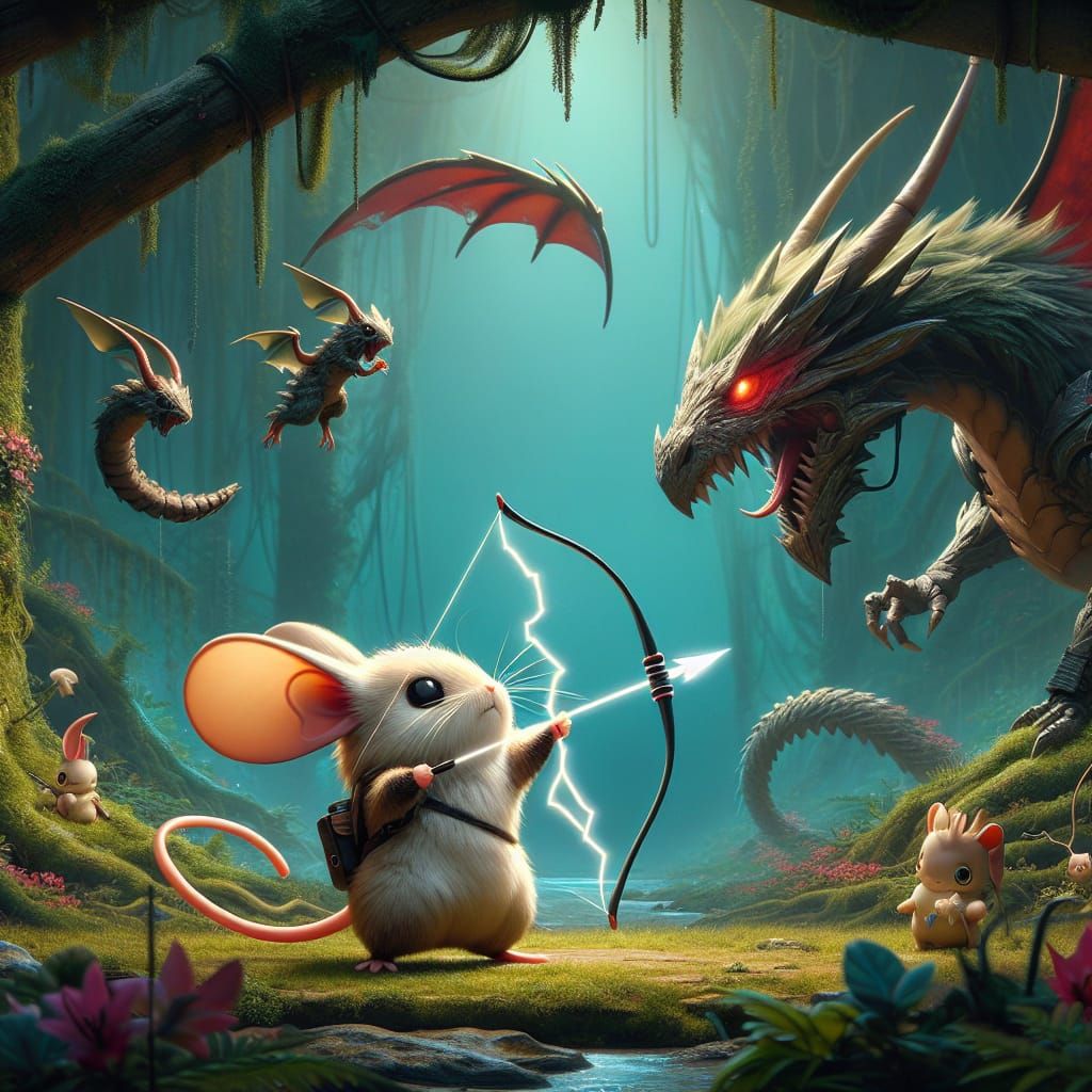 Electric Rodent Archer Confronts Dragon in Mystical Forest