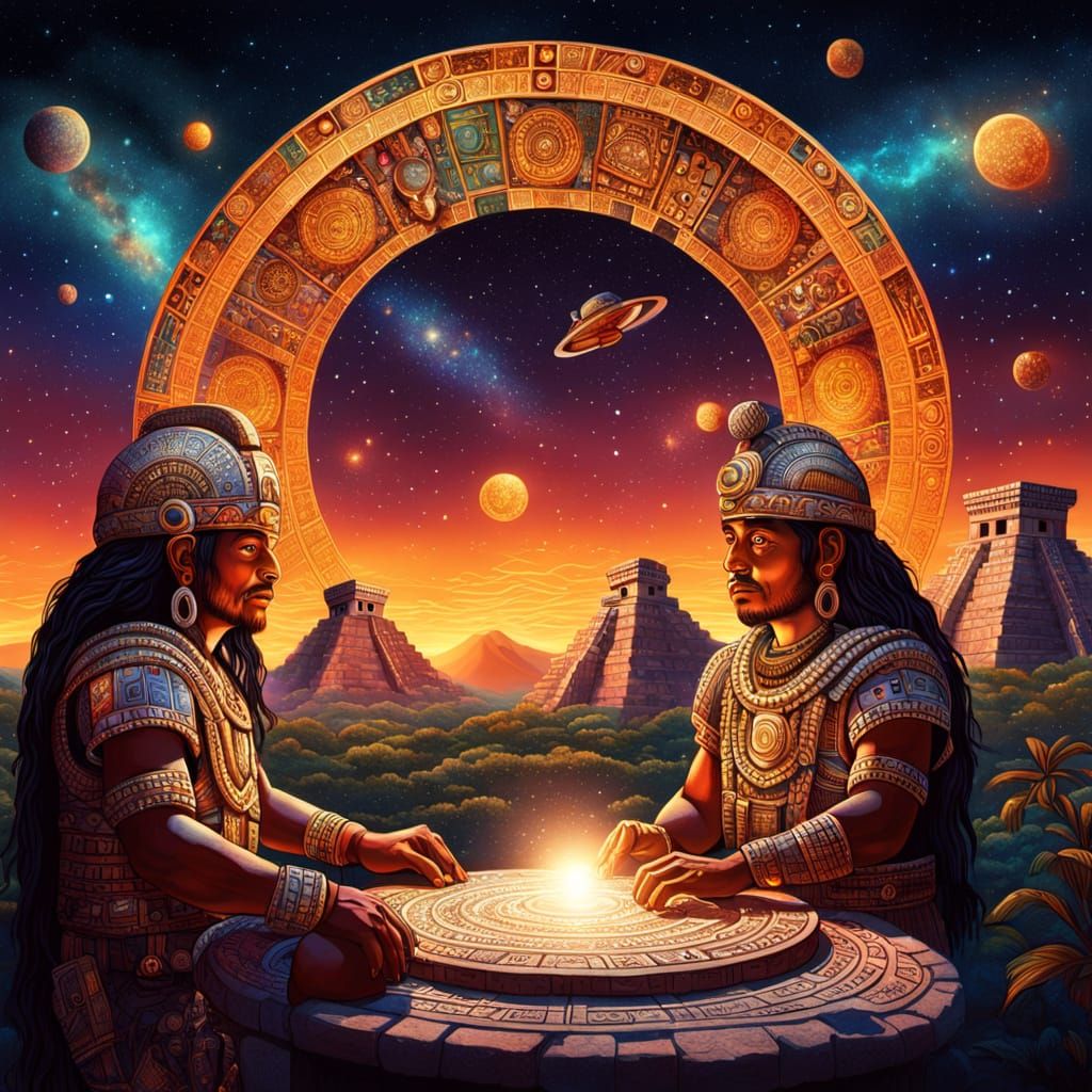 Mayan Astronomers Studying Twinkling Stars in Mixed Media