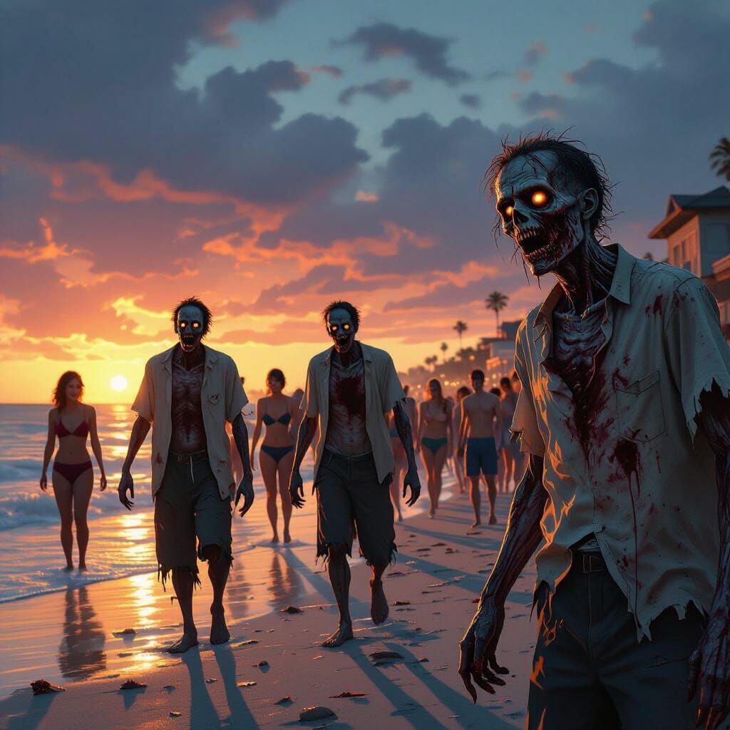 Zombies Approach Beach Town in Dark Realism Style