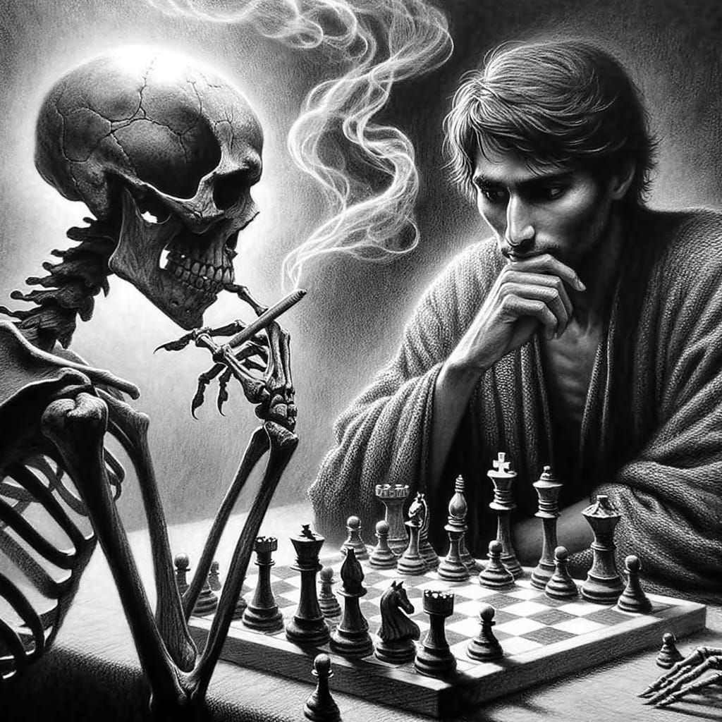 Undead Skeleton and Necromancer Play Chess in Charcoal