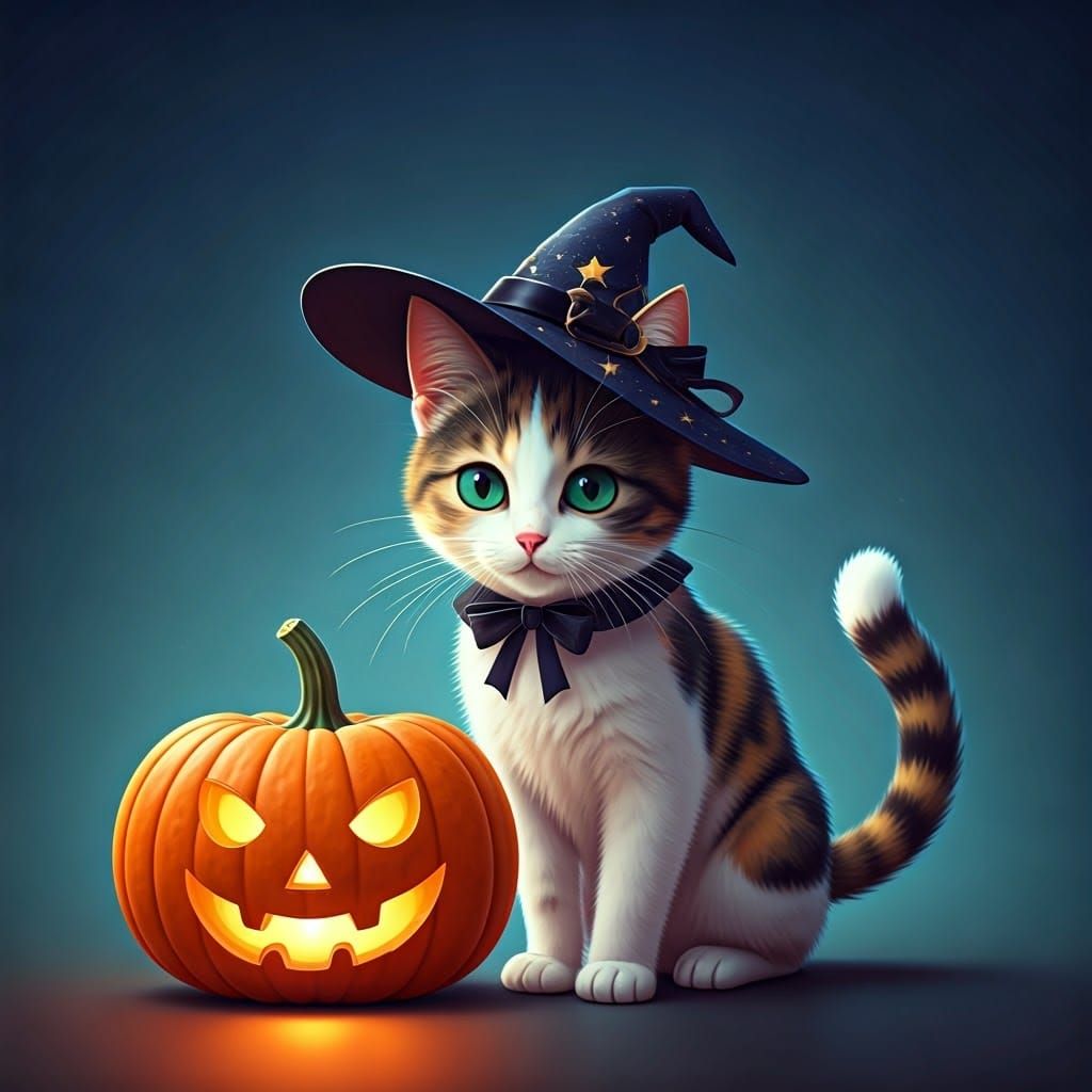 Whimsical Calico Cat in Witch Hat by Pumpkin