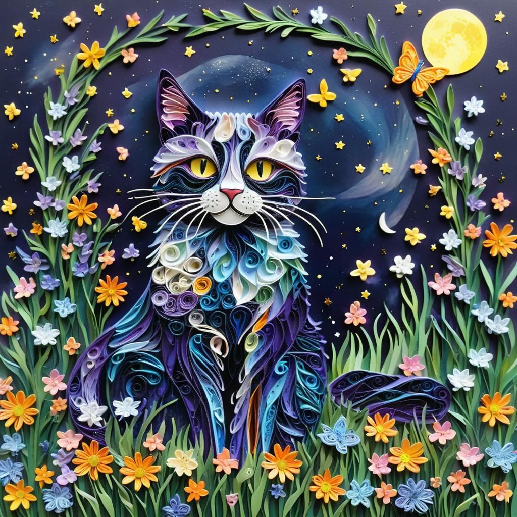 Surreal Quilling Masterpiece of Purple Cat in Wildflower Fie...